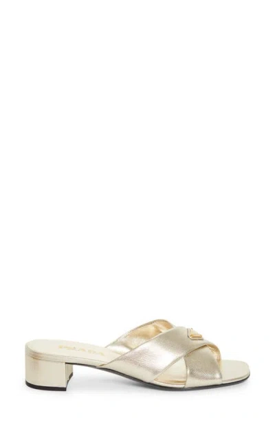 Prada Block Heel Square Toe Sandal In Gold