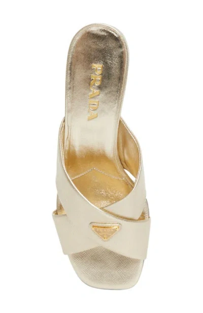 Prada Block Heel Square Toe Sandal In Gold