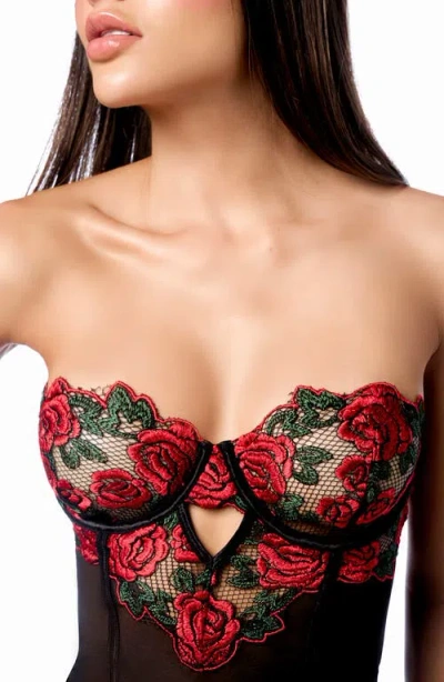 Mapalé Mapale Embroidered Underwire Chemise & G-string Set In Black