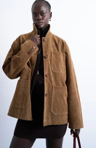 Topshop Faux Suede Shirt Jacket In Brown