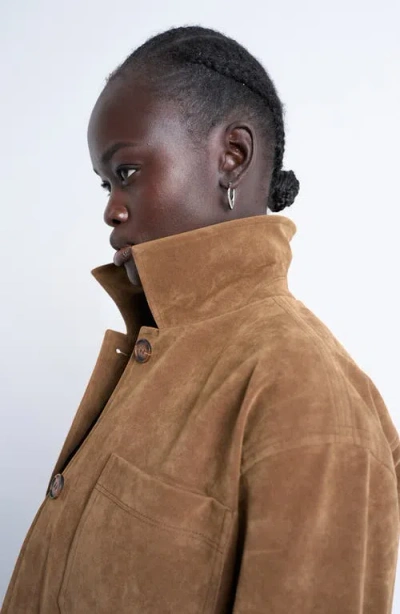 Topshop Faux Suede Shirt Jacket In Brown