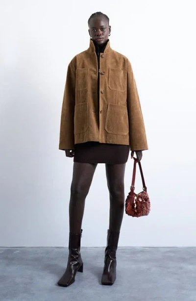 Topshop Faux Suede Shirt Jacket In Brown