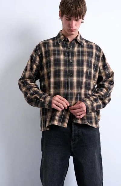 Topman Relaxed Fit Flannel Crop Button-up Shirt In Gray