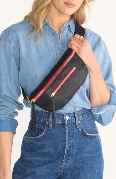 Hammitt Charles Crossbody Black Brushed Gold Red Zip Lrg