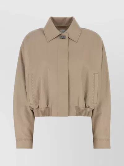 Fendi Leather Jacket With Collared Design And Pockets In Brown