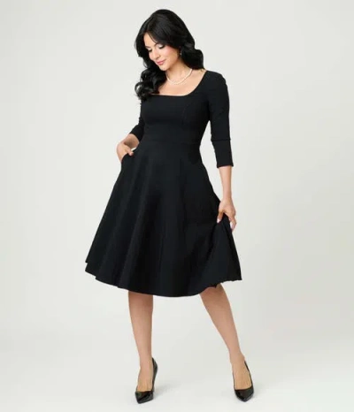 Unique Vintage Square Neck Pleated Swing Dress In Black