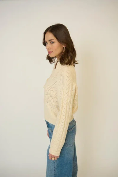 Central Park West Rayna Shawl Collar Pointelle Cable Pullover In White