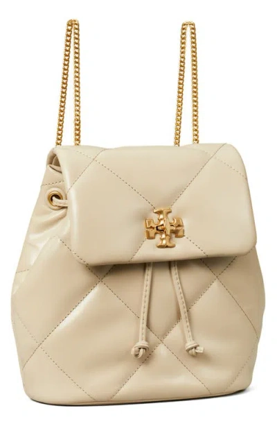 Tory Burch Kira Beige Backpack With Metallic Logo Plate On The Front In Quilted Leather Woman In Gold
