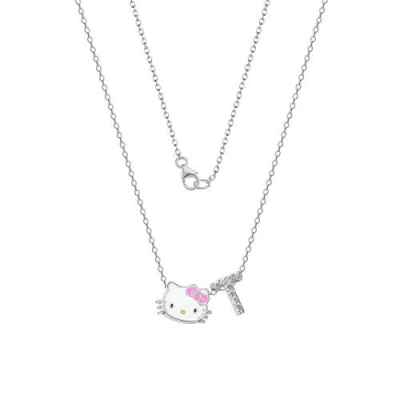 Hello Kitty Silver Plated Enamel Pave Initial Slider Necklace In Metallic