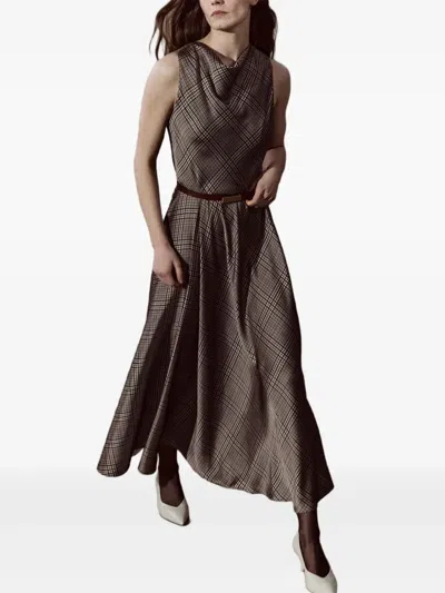 Vince Plaid Cowl-neck Dress In Brown