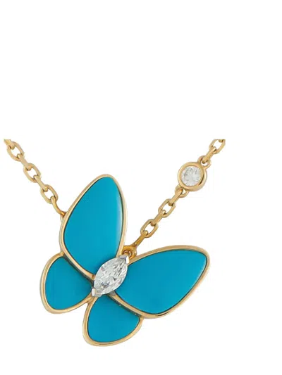 Pre-owned Van Cleef & Arpels 18k Yellow Gold Diamond And Turquoise Butterfly-pendant Necklace