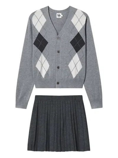 B+ab Argyle Buttoned Cardigan And Skirt Set In Green