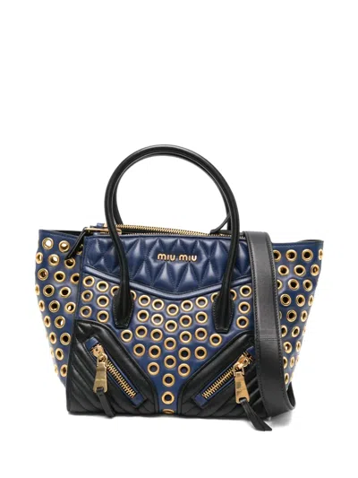 Miu Miu Panelled Quilted Eyelet-detail Tote Bag In Blue