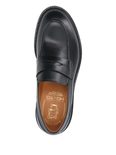 Alexander Hotto Penny Loafer Black Leather Flat Shoes With Textured Sole In Black