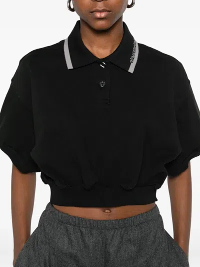 Alexander Wang Cropped Cinched Cotton Polo In Black