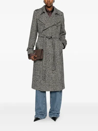Tagliatore Herringbone-pattern Belted Coat In Gray