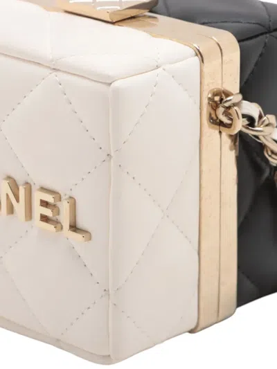 Pre-owned Chanel 2021-2025 Bicolor Quilted Lambskin Cube Clutch With Chain Crossbody Bag In White
