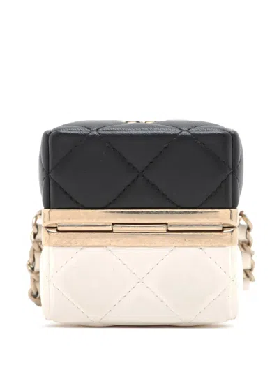 Pre-owned Chanel 2021-2025 Bicolor Quilted Lambskin Cube Clutch With Chain Crossbody Bag In White