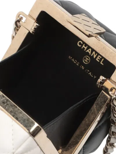 Pre-owned Chanel 2021-2025 Bicolor Quilted Lambskin Cube Clutch With Chain Crossbody Bag In White