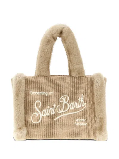 Mc2 Saint Barth Colette Shearling-trim Knitted Tote Bag In Neutral