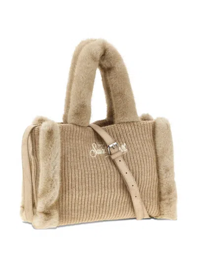 Mc2 Saint Barth Colette Shearling-trim Knitted Tote Bag In Neutral