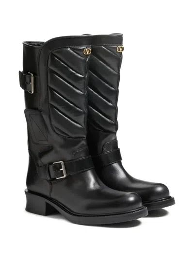 Valentino Garavani Rayons Biker Boot In Calfskin And Nappa Leather With Chevron Pattern 40mm Woman B In Black