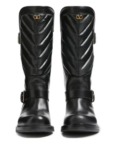 Valentino Garavani Rayons Biker Boot In Calfskin And Nappa Leather With Chevron Pattern 40mm Woman B In Black
