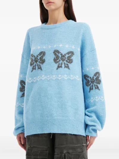 Mini Cream Bow Pattern Sweater In Blue