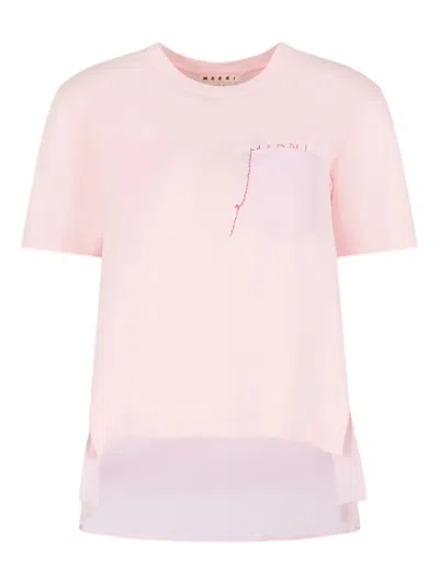 Marni Embroidered Cotton-jersey And Poplin T-shirt In Pink