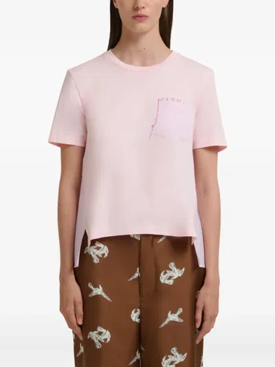 Marni Embroidered Cotton-jersey And Poplin T-shirt In Pink