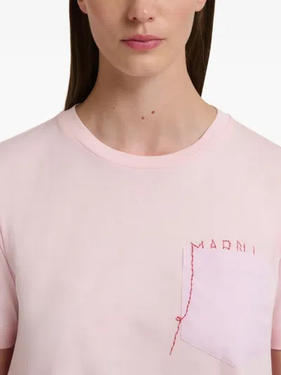 Marni Embroidered Cotton-jersey And Poplin T-shirt In Pink