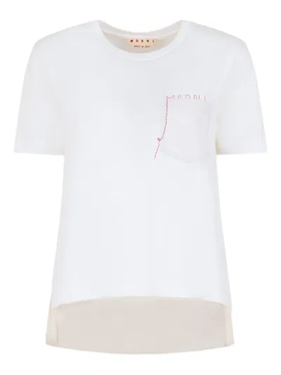 Marni Mending Logo Cotton Poplin Pocket T-shirt In White