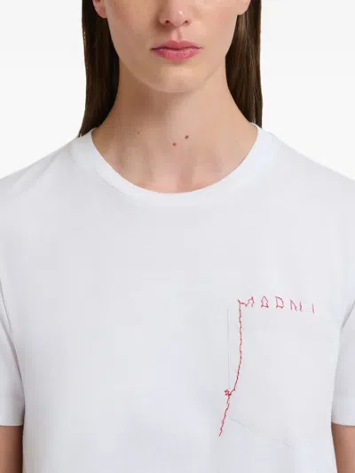 Marni Mending Logo Cotton Poplin Pocket T-shirt In White