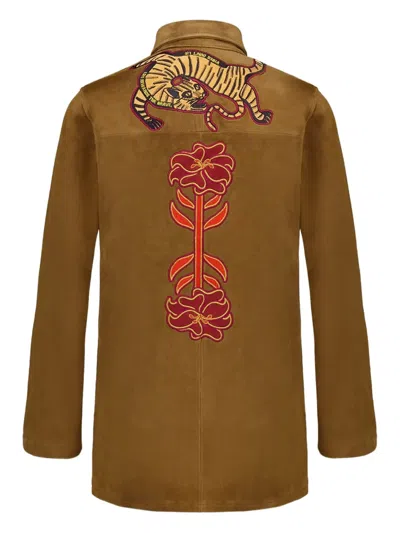 Paula Tiger-flower Embroidered Suede Shirt In Brown