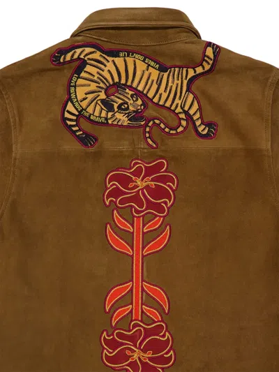 Paula Tiger-flower Embroidered Suede Shirt In Brown