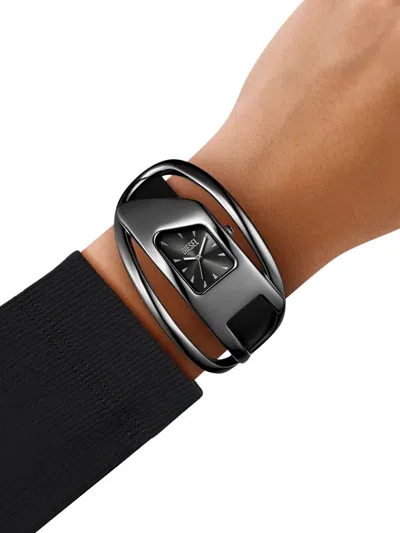 Diesel Wrap-d Black Leather Watch In Black