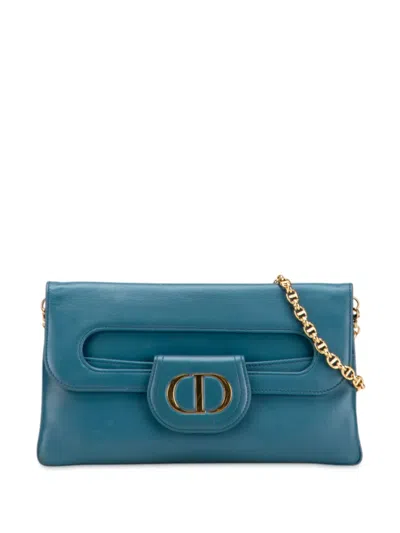 Pre-owned Dior 2021 Medium Calfskin Double Chain Bag Crossbody Bag In Blue