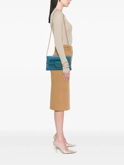 Pre-owned Dior 2021 Medium Calfskin Double Chain Bag Crossbody Bag In Blue