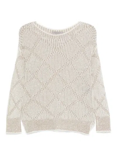 D Exterior Textured White Knit Sweater With Subtle Shimmer In Neutral