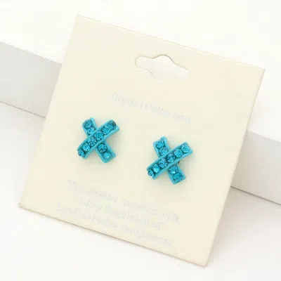Fashnzfab Rhinestone Embellished Crisscross Stud Earrings - Blue Zircon In Blue
