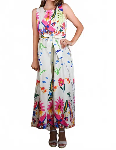 Zenara Tropical Print Sleeveless With Self-tie Belt Jumpsuit In Multi In Multi