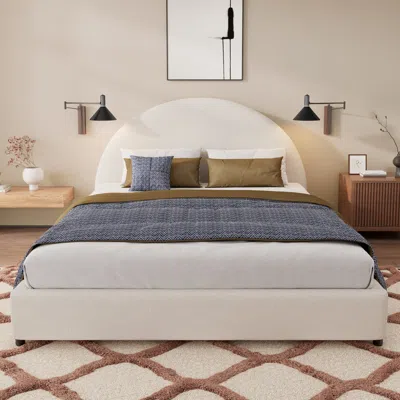 Streamdale Furniture Streamdale Queen Size Bed Frame With Boucle Upholstered Round Curved Headboard, White In Neutral