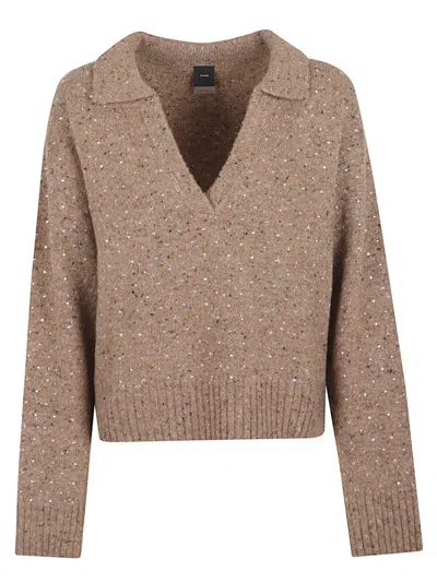 Pinko Cropped Knit Sweater With V-neckline In Brown