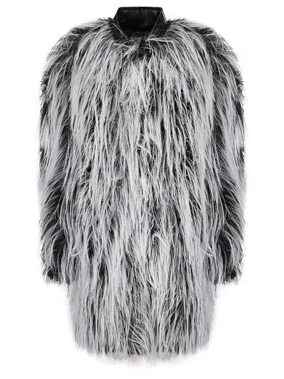Sportmax Medium-long Faux Fur Coat With Leather-effect Collar In Gray