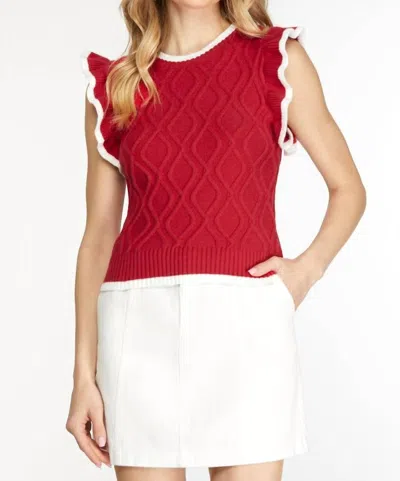 She + Sky Game Day Ruffle Sleeve Cable Sweater Top With Contrast Edge In Red In Red
