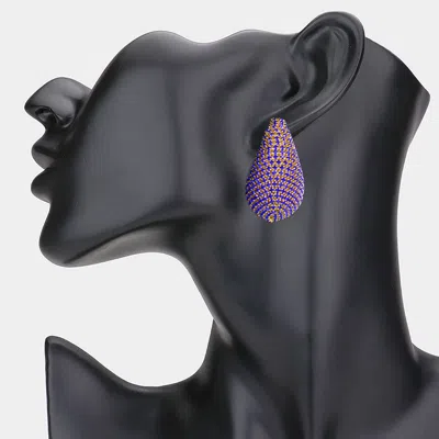 Fashnzfab Stone Paved Curved Teardrop Earrings - Gold, Sapphire In Gold