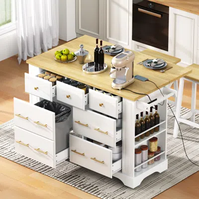 Streamdale Furniture Streamdale Rolling Kitchen Island W/ Drawers, Trash Storage, Drop Leaf & Power - Black In White