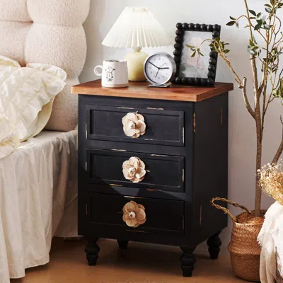 Streamdale Furniture Streamdale Vintage Farmhouse End Table - Rustic Nightstand, 3 Drawers, Black In Black