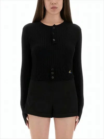 Vivienne Westwood Cropped Fitted Knit Sweater With Button Placket In Black