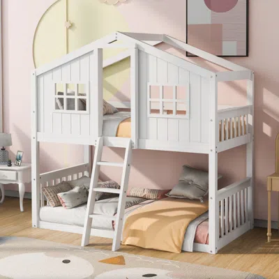 Streamdale Furniture Streamdale Twin Over Twin House Bunk Bed With Ladder, Wood Bed-gray In White